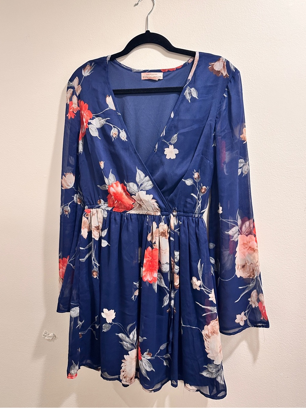 Band of Gypsies B.O.G. Collective Blue Floral Long Sleeve Mini Dress Size Large